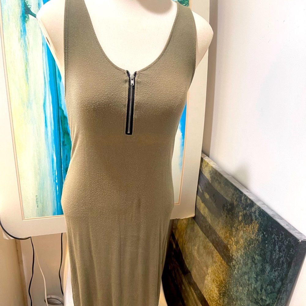 light army green dress with small zip up front detail and low V back, size L
